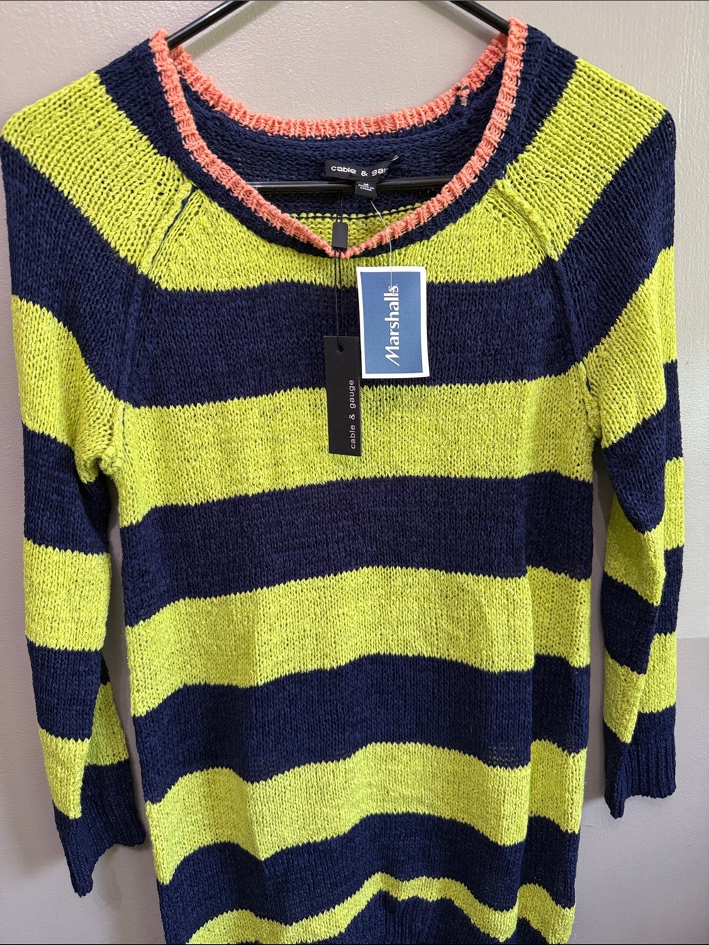Cable & Gauge Navy and Lime Striped Crewneck Sweater with Coral Trim